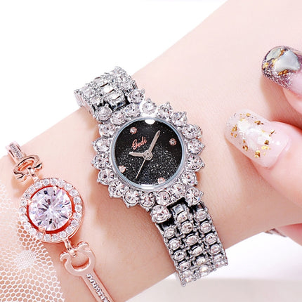 Gedi 52004 Ladies Quartz Diamond Bracelet Watch(Silver Shell Black Plate)-garmade.com
