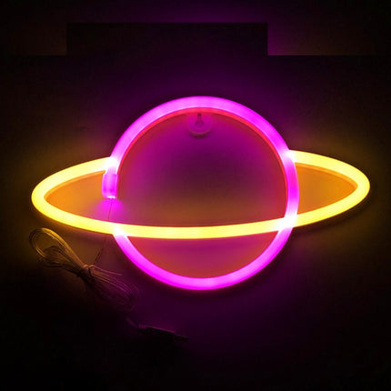 LED Planet Neon Light Bedroom Universe Shape Decoration Night Light(Warm White + Pink Light)-garmade.com