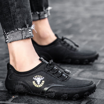 Spring And Summer Men Casual Octopus Peas Lazy Shoes Breathable Leather Shoes, Size: 47(Black)-garmade.com