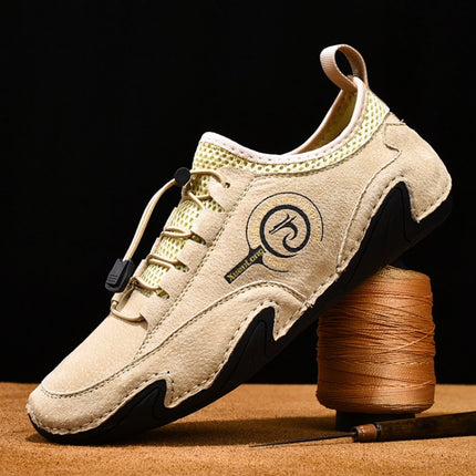 Spring And Summer Men Casual Breathable Peas Shoes Leather Pigskin Lazy Sneakers, Size: 41(Beige)-garmade.com