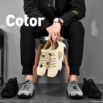 Spring And Summer Men Casual Breathable Peas Shoes Leather Pigskin Lazy Sneakers, Size: 41(Beige)-garmade.com