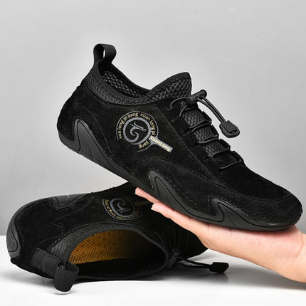 Spring And Summer Men Casual Breathable Peas Shoes Leather Pigskin Lazy Sneakers, Size: 42(Black)-garmade.com