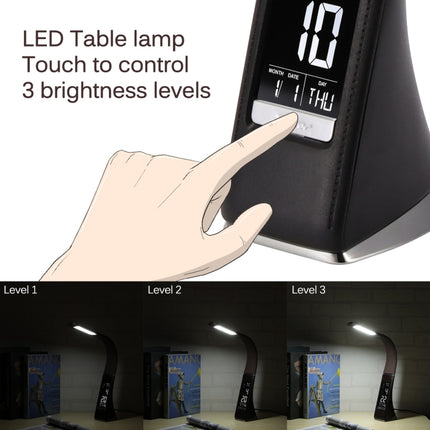 U2 5W 3-Level Dimmable LED Leather Texture Desk Lamp With Temperature/Clock/Calendar Display(Black)-garmade.com