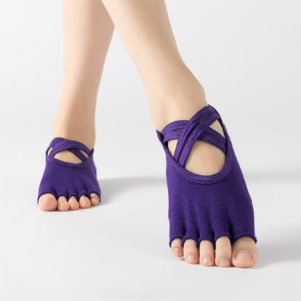 Terry Five-Finger Socks Cotton Thickened Warm and Non-Slip Yoga Socks Cross Strap Dance Socks, Size: One Size(Open Toe (Deep Purple))-garmade.com