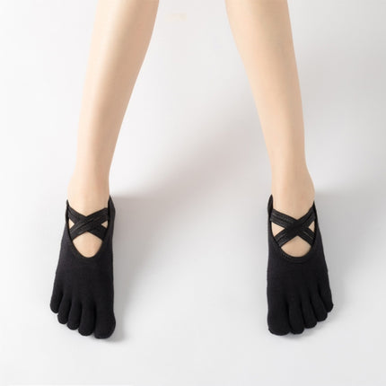 Terry Five-Finger Socks Cotton Thickened Warm and Non-Slip Yoga Socks Cross Strap Dance Socks, Size: One Size(Open Toe (Black))-garmade.com