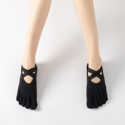 Terry Five-Finger Socks Cotton Thickened Warm and Non-Slip Yoga Socks Cross Strap Dance Socks, Size: One Size(Full Toe (Black))-garmade.com