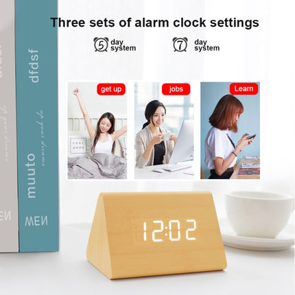 Mute Luminous Electronic Clock Wooden Sound Control Small Triangle Alarm Clock Brown Wood Red Light-garmade.com