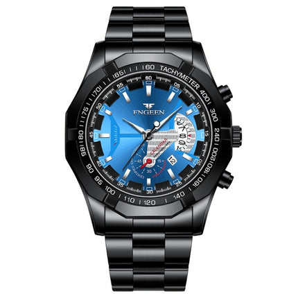 FNGEEN S001 Men Waterproof Watch Non-Mechanical Calendar Watch(Black Steel Blue Surface)-garmade.com