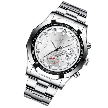 FNGEEN S001 Men Waterproof Watch Non-Mechanical Calendar Watch(White Steel White Surface)-garmade.com