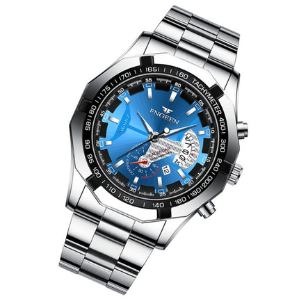 FNGEEN S001 Men Waterproof Watch Non-Mechanical Calendar Watch(White Steel Blue Surface)-garmade.com