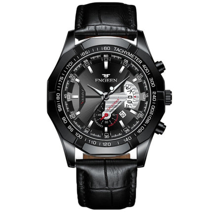 FNGEEN S001 Men Waterproof Watch Non-Mechanical Calendar Watch(Black Leather Black Steel Black Surface)-garmade.com