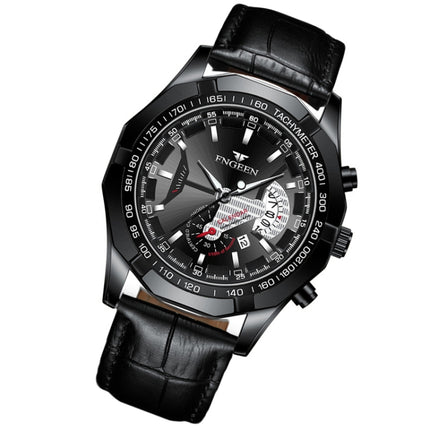 FNGEEN S001 Men Waterproof Watch Non-Mechanical Calendar Watch(Black Leather Black Steel Black Surface)-garmade.com