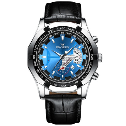 FNGEEN S001 Men Waterproof Watch Non-Mechanical Calendar Watch(Black Leather Black Steel Blue Surface)-garmade.com
