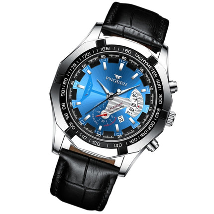 FNGEEN S001 Men Waterproof Watch Non-Mechanical Calendar Watch(Black Leather Black Steel Blue Surface)-garmade.com