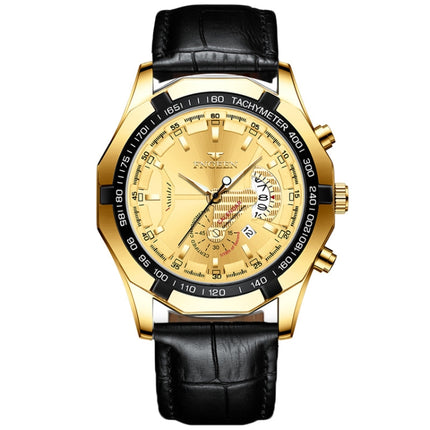 FNGEEN S001 Men Waterproof Watch Non-Mechanical Calendar Watch(Black Leather Full Gold Golden Surface)-garmade.com