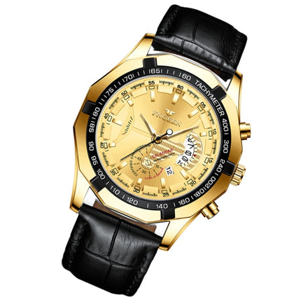 FNGEEN S001 Men Waterproof Watch Non-Mechanical Calendar Watch(Black Leather Full Gold Golden Surface)-garmade.com