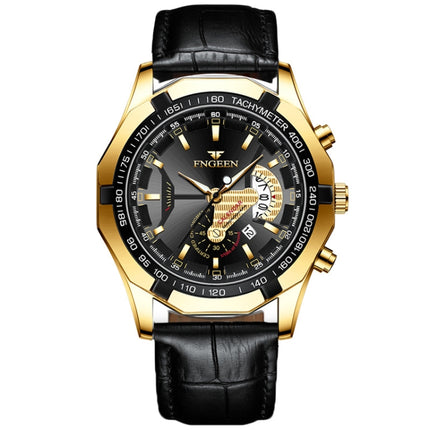FNGEEN S001 Men Waterproof Watch Non-Mechanical Calendar Watch(Black Leather Full Gold Black Surface)-garmade.com