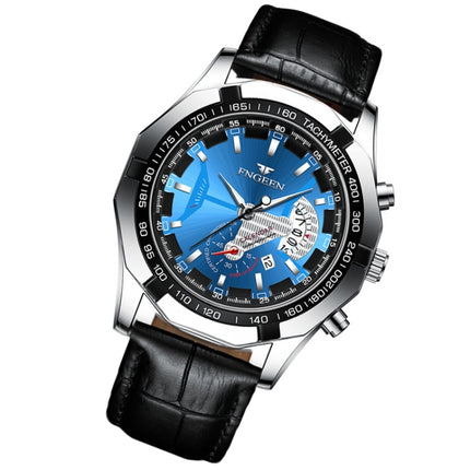 FNGEEN S001 Men Waterproof Watch Non-Mechanical Calendar Watch(Black Leather White Steel Blue Surface)-garmade.com