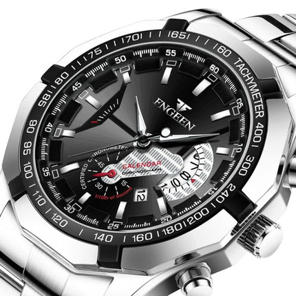 FNGEEN S001 Men Waterproof Watch Non-Mechanical Calendar Watch(Black Steel Black Surface)-garmade.com