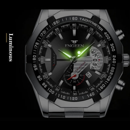FNGEEN S001 Men Waterproof Watch Non-Mechanical Calendar Watch(Black Leather White Steel Black Surface)-garmade.com