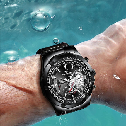 FNGEEN S001 Men Waterproof Watch Non-Mechanical Calendar Watch(Black Leather White Steel Blue Surface)-garmade.com