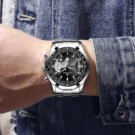 FNGEEN S001 Men Waterproof Watch Non-Mechanical Calendar Watch(White Steel Black Surface)-garmade.com