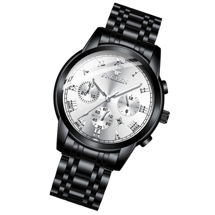 FNGEEN 4006 Men Automatic Mechanical Watch Waterproof Quartz Watch(Black Steel White Surface)-garmade.com