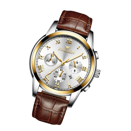 FNGEEN 4006 Men Automatic Mechanical Watch Waterproof Quartz Watch(Brown Leather Gold White Surface)-garmade.com