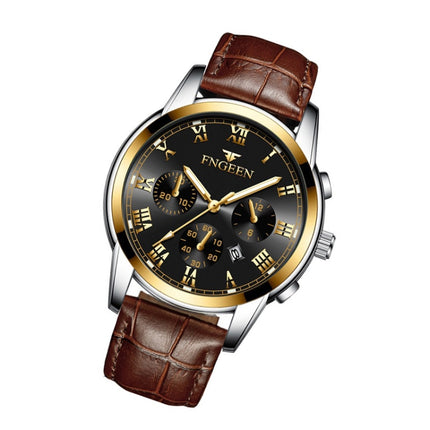 FNGEEN 4006 Men Automatic Mechanical Watch Waterproof Quartz Watch(Brown Leather Gold Black Surface)-garmade.com