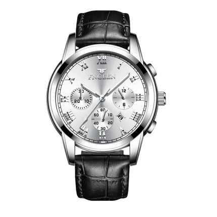 FNGEEN 4006 Men Automatic Mechanical Watch Waterproof Quartz Watch(Black Leather White Steel White Surface)-garmade.com