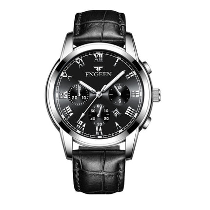FNGEEN 4006 Men Automatic Mechanical Watch Waterproof Quartz Watch(Black Leather White Steel Black Surface)-garmade.com
