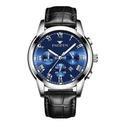 FNGEEN 4006 Men Automatic Mechanical Watch Waterproof Quartz Watch(Black Leather White Steel Blue Surface)-garmade.com