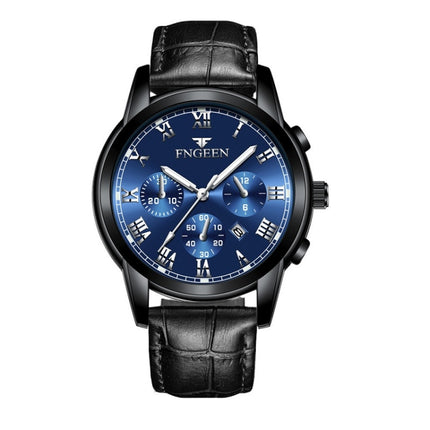 FNGEEN 4006 Men Automatic Mechanical Watch Waterproof Quartz Watch(Black Leather Black Steel Blue Surface)-garmade.com