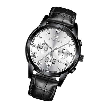 FNGEEN 4006 Men Automatic Mechanical Watch Waterproof Quartz Watch(Black Leather Black Steel White Surface)-garmade.com