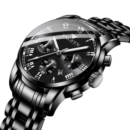 FNGEEN 4006 Men Automatic Mechanical Watch Waterproof Quartz Watch(Black Leather Black Steel White Surface)-garmade.com