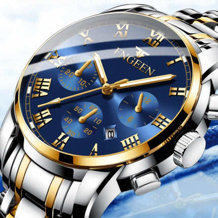 FNGEEN 4006 Men Automatic Mechanical Watch Waterproof Quartz Watch(Brown Leather Gold Blue Surface)-garmade.com