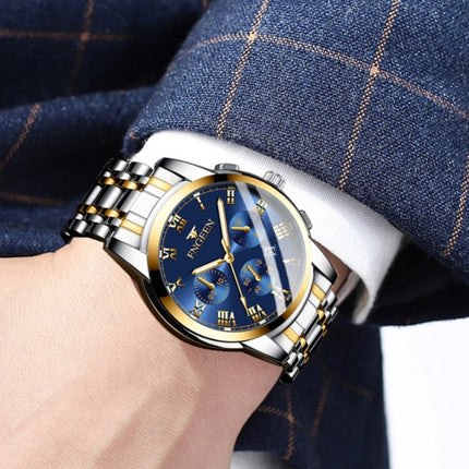 FNGEEN 4006 Men Automatic Mechanical Watch Waterproof Quartz Watch(Black Leather White Steel Blue Surface)-garmade.com