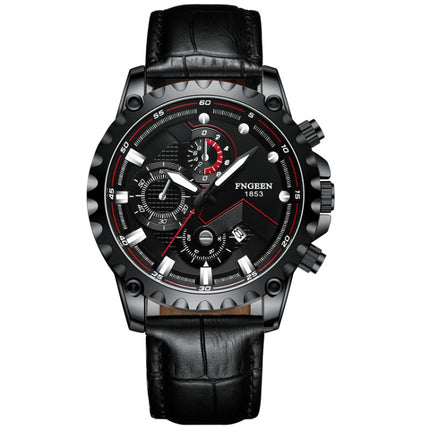 FNGEEN 5757 Men Waterproof Sports Fashion Stainless Steel Watch(Black Leather Black Steel Black Surface)-garmade.com