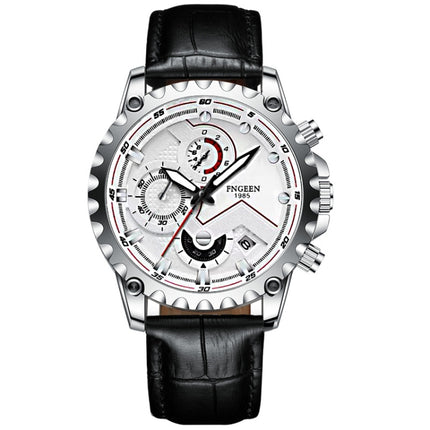 FNGEEN 5757 Men Waterproof Sports Fashion Stainless Steel Watch(Black Leather White Steel White Surface)-garmade.com