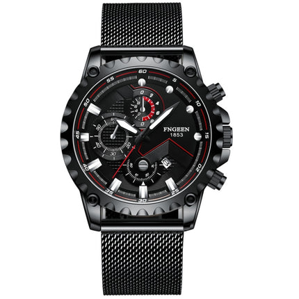 FNGEEN 5757 Men Waterproof Sports Fashion Stainless Steel Watch(Black Net Black Shell Black Surface)-garmade.com