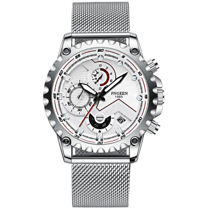 FNGEEN 5757 Men Waterproof Sports Fashion Stainless Steel Watch(White Net White Shell White Surface)-garmade.com