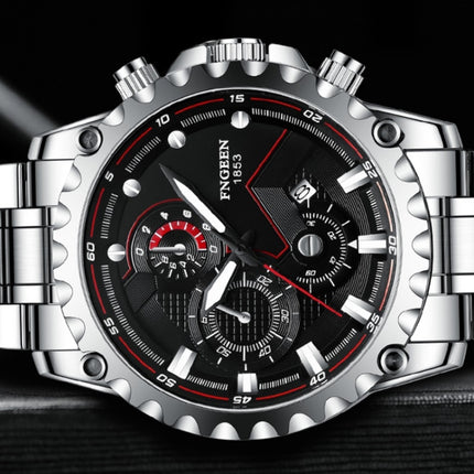 FNGEEN 5757 Men Waterproof Sports Fashion Stainless Steel Watch(Black Leather White Steel Black Surface)-garmade.com