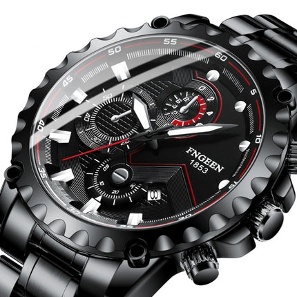 FNGEEN 5757 Men Waterproof Sports Fashion Stainless Steel Watch(Black Leather Black Steel Black Surface)-garmade.com