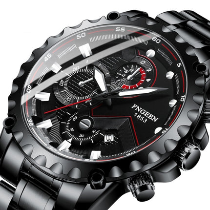 FNGEEN 5757 Men Waterproof Sports Fashion Stainless Steel Watch(Black Leather White Steel White Surface)-garmade.com