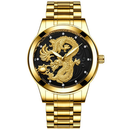 FNGEEN S666 Waterproof Luminous Non-Mechanical Watch Quartz Ultra-Thin Dragon Or Phoenix Pattern Couple Watch(Full Gold Black Surface)-garmade.com