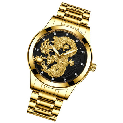 FNGEEN S666 Waterproof Luminous Non-Mechanical Watch Quartz Ultra-Thin Dragon Or Phoenix Pattern Couple Watch(Full Gold Black Surface)-garmade.com