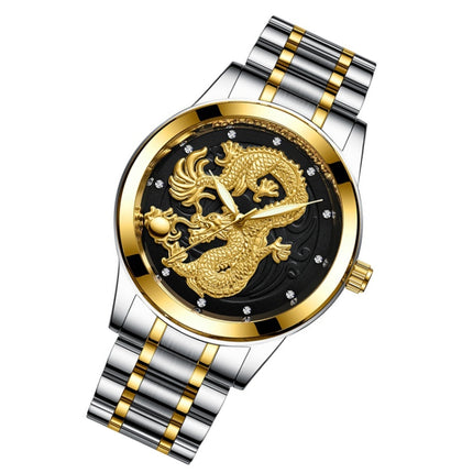FNGEEN S666 Waterproof Luminous Non-Mechanical Watch Quartz Ultra-Thin Dragon Or Phoenix Pattern Couple Watch(Between Gold Black Surface)-garmade.com