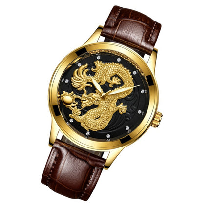 FNGEEN S666 Waterproof Luminous Non-Mechanical Watch Quartz Ultra-Thin Dragon Or Phoenix Pattern Couple Watch(Brown Leather Full Gold Black Surface)-garmade.com