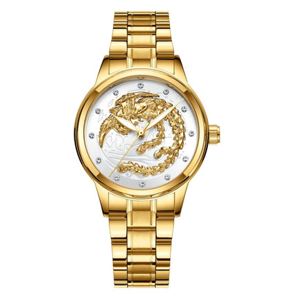 FNGEEN S666 Waterproof Luminous Non-Mechanical Watch Quartz Ultra-Thin Dragon Or Phoenix Pattern Couple Watch((Phoenix) All Gold White Surface)-garmade.com