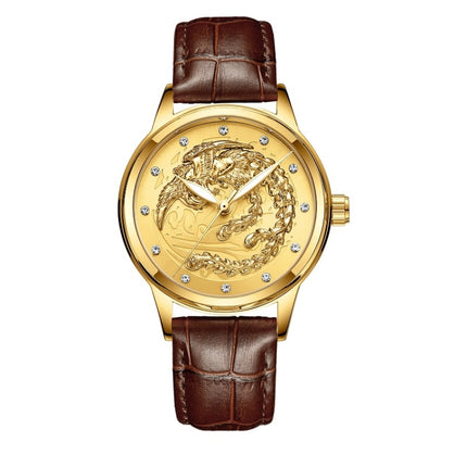 FNGEEN S666 Waterproof Luminous Non-Mechanical Watch Quartz Ultra-Thin Dragon Or Phoenix Pattern Couple Watch((Phoenix) Brown Leather All Gold )-garmade.com